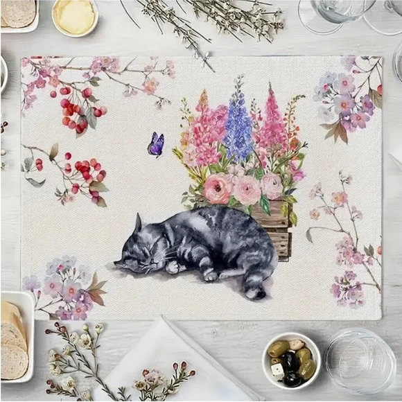 Floral Sleepy Tigger Cat Linen Placemats, Set of 4 - Picture 2 of 4